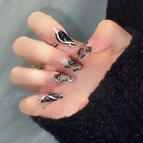 Künstliche Nägel Zum Aufkleben Strass Glitzer Lange Trapezform Dunkler Stil Luxus Elegant Für Frauen