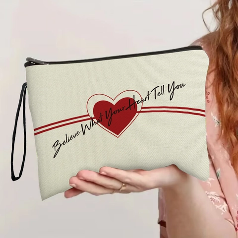 Borsa Trucco In Lino Portatile Con Motivo A Cuore Astuccio Da Viaggio Con Cerniera Per Donna Con Cinturino Da Polso