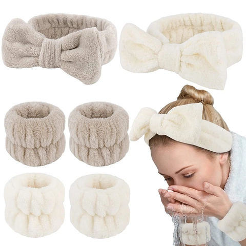Plush Coral Fleece Spa Facial Headband And Wristbands Absorbent Bow Knot Hair Band For Washing Face Makeup Skincare