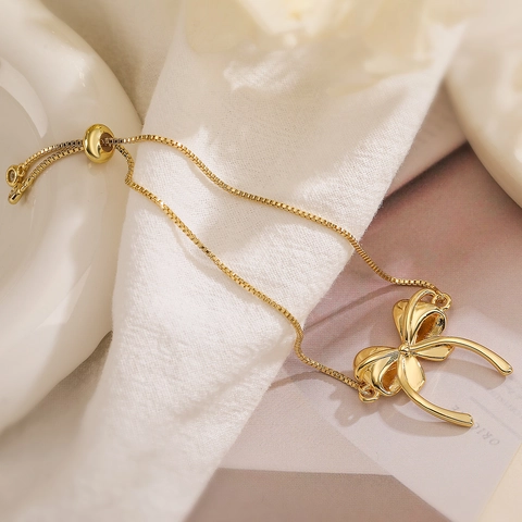 Gold Plated Copper Bow Pendant Bracelet Sparkling Rhinestone Micro Inlaid Adjustable Slider Bolo Chain Fashion Jewelry For Women