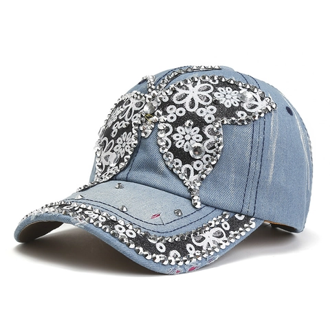 Casquette De Baseball En Denim Avec Papillon En Strass Coton Délavé Réglable Protection Solaire Style Camionneur