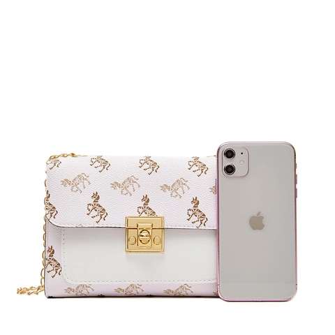 Women Mini Crossbody Bag PU Leather Horse Print Small Square Flap Shoulder Purse With Chain Strap Metal Lock Fashion