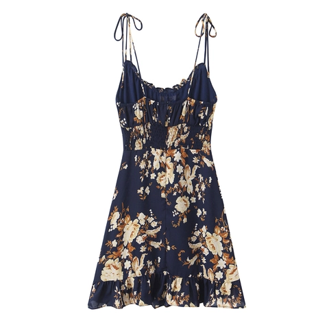 Robe Courte Imprimé Fleuri Bretelles Spaghetti Nœud Épaule Ourlet À Volants Dos Froncé Sans Manches Coupe Ajustée Polyester