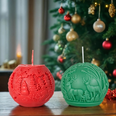 Christmas Ball Silicone Candle Mold DIY Aromatherapy Plaster Reindeer Snowman Forest Design 3D Embossed Reusable