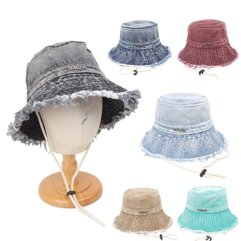 Cappello Da Pescatore In Denim Lavato Bordo Sfilacciato Protezione Solare Retro Berretto Con Coulisse Regolabile Donne