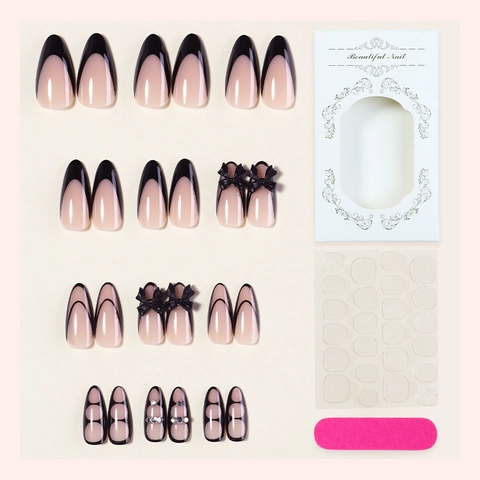 Unghie Finte Press On Mandorla Lunga Punta Francese Nera Con Fiocco 3D Strass Elegante Rosa Nudo