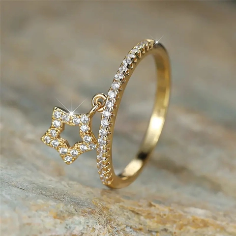 Copper Star Pendant Ring Dainty Zircon Pavé Inlaid Dangling Charm Trendy Jewelry For Women Girls Sweet Stylish Gift