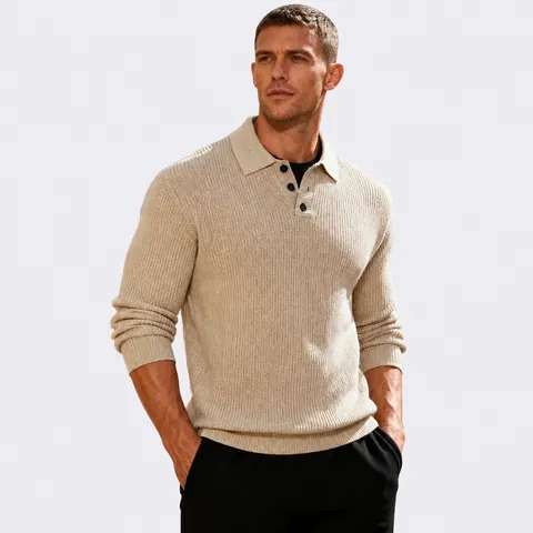 Polo In Maglia A Maniche Lunghe Da Uomo Poliestere Trama A Nido D Ape Abbottonatura Business Vintage Top