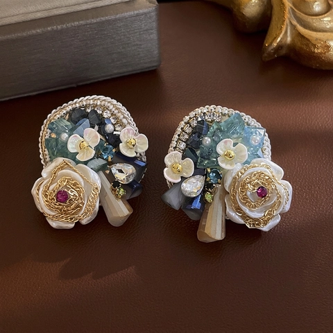 Vintage Flower Stud Earrings With 925 Sterling Silver Earring Post Alloy Crystal Artificial Pearl Retro Palace Style Jewelry For Women