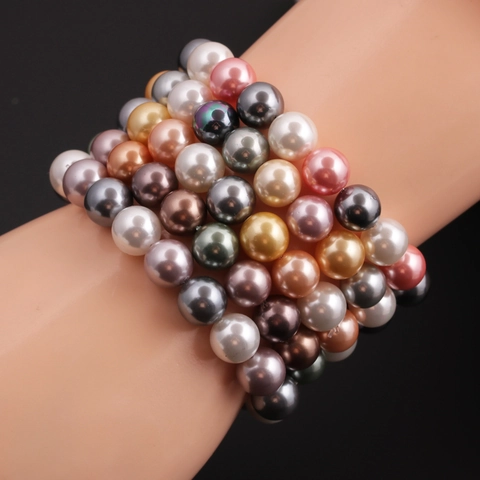 Multi Colored Shell Artificial Pearl Beaded Bracelet For Women Round Faux Artificial Pearl Elastic Bangle Elegant Fashion Jewelry
