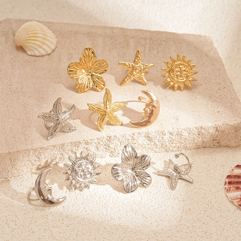 Vintage Sun Moon Face Starfish Flower Alloy Ear Cuffs Non Pierced Ear Clips For Women Bohemian Style Metallic Niche Design