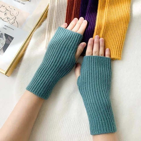 Fingerless Gloves Knitted Winter Arm Warmers Ribbed Thumb Hole Solid Color Soft Warm Mittens Women Men Office Typing