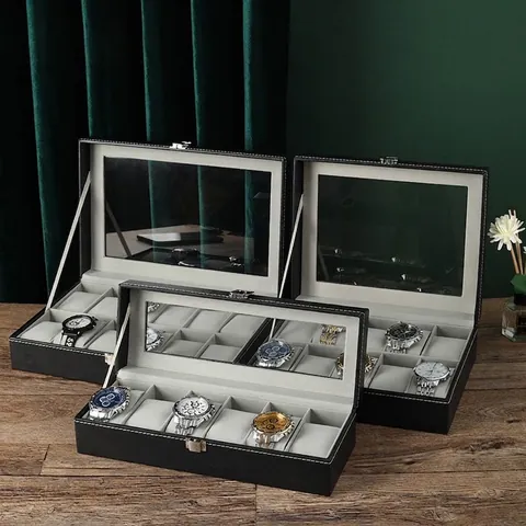 Watch Box Organizer PU Leather Lockable Glass Window Jewelry Display Case Storage Holder With Removable Pillows