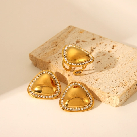 Geometric Triangle Rhinestone Earrings And Adjustable Ring Stainless Steel PVD Gold Plated Fashion Jewelry For Women