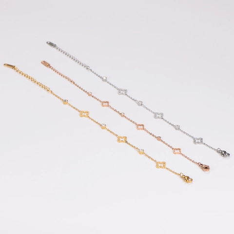 Elegant Hollow Clover Bracelet Stainless Steel Round Cubic Zirconia Adjustable Chain Jewelry For Women