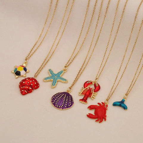 Ocean Theme Pendant Necklace Colorful Enamel Starfish Shell Gold Plated Copper Stainless Steel Vacation Beach Jewelry Women