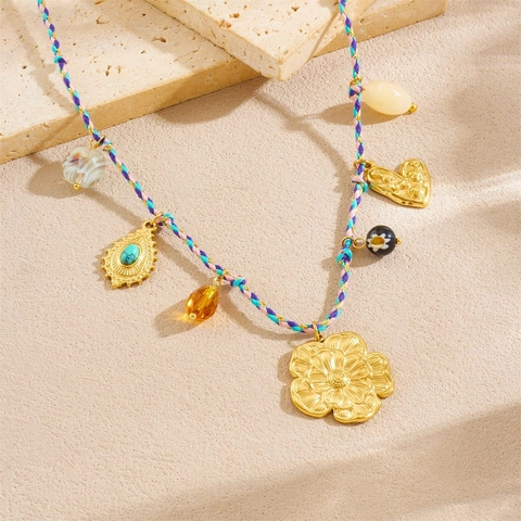 Ensemble de Bijoux Bohème en Acier Inoxydable Plaqué Or Femme Pendentif Fleur Cœur Turquoise Collier Bracelet Corde