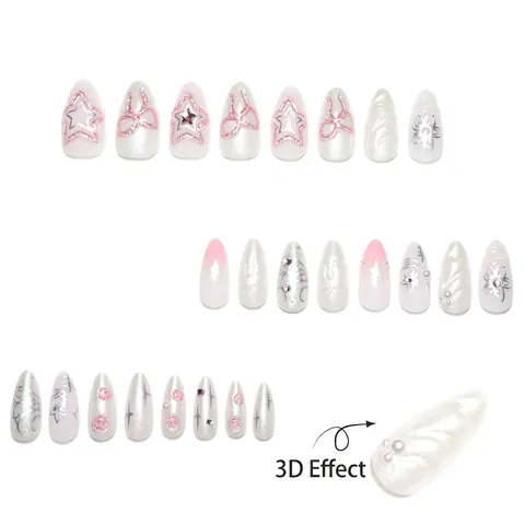 Uñas Postizas Press On Largas Almendra Y2K Estilo Dulce Cool Aurora Rosa Blanco Con Perlas Artificiales Diamantes Lazo Estrella Decoraciones