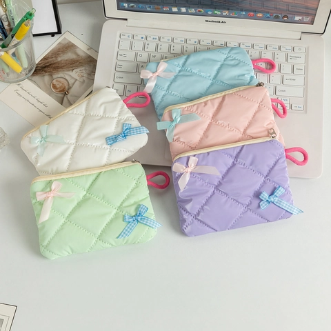 Quilted Bowknot Coin Purse Waterproof Polyester Mini Storage Bag For Makeup Earphone Portable Zipper Pouch Women