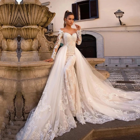 Lace Wedding Dress Long Sleeve Off Shoulder Mermaid Bridal Gown With Embroidery Tulle Large Train Women Elegant Apparel