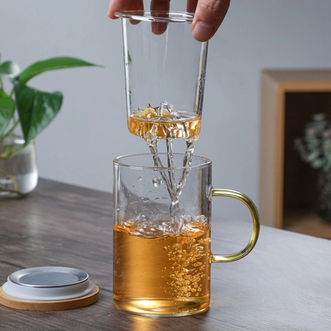 Taza De Té De Vidrio Borosilicatado Resistente Al Calor Con Infusor Tapa De Madera Y Diseño De Montaña