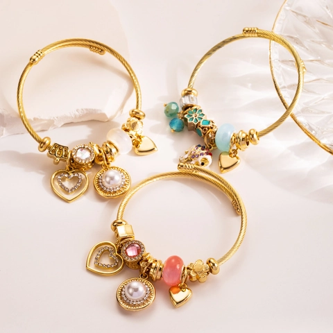 DIY Adjustable Charm Bangle Bracelet Alloy Titanium Steel With Rhinestone Heart Artificial Pearl Elephant Pendant Women Jewelry