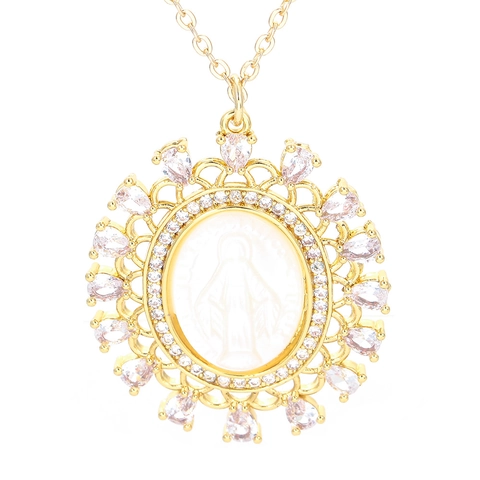 Collana Con Pendente Vergine Maria Gioielli In Rame Vintage Con Zircone Goccia Acqua E Intarsio In Madreperla