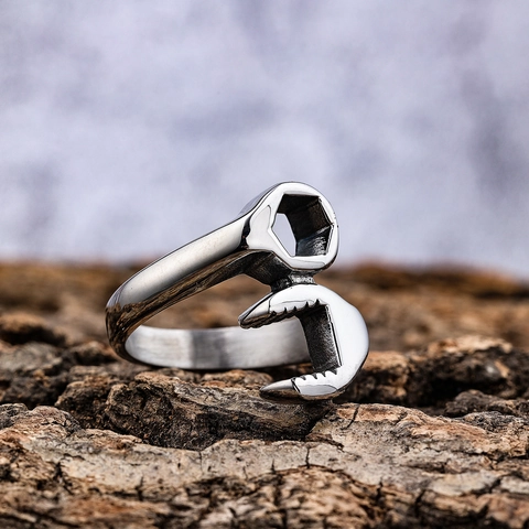 Wrench Ring Stainless Steel Hardware Tool Shape Retro Industrial Punk Biker Jewelry For Men Unique Creative Accessory