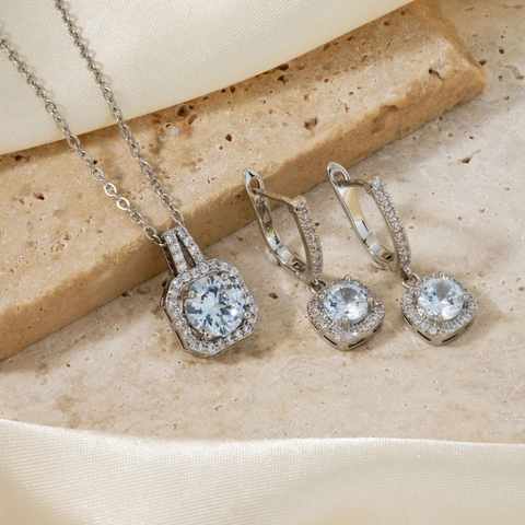 Shiny Square Halo Jewelry Stainless Steel Copper Zirconia Necklace And Earrings Fashion Accessories For Women