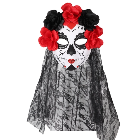 Tag Der Toten Zucker Schädel Maske Mit Künstlicher Rose Und Schwarzem Schleier Halloween Cosplay Party