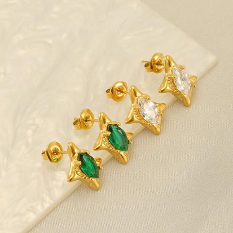 Ster Oorknopjes 18K Verguld Roestvrij Staal Met Marquise Zirkoon In Smaragdgroen En Wit Geometrische Vintage Sieraden Voor Dames