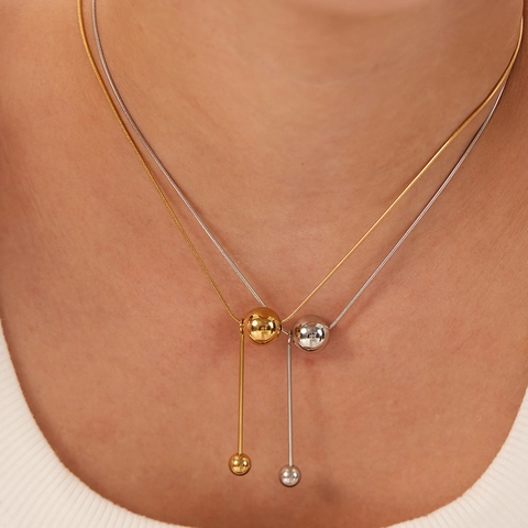 Stainless Steel 18K Gold Plated Sphere Bead Lariat Necklace Minimalist Snake Chain Y Shaped Long Bar Pendant For Women