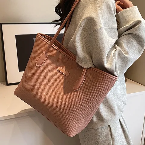 Damen Tote Bag Große Kapazität PU Leder Gewebte Textur Schultertasche Für Schule Pendeln Lässig Retro Einfach Mode