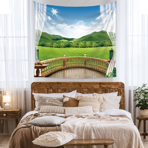 Landscape 3D Window View Tapestry Nordic Ins Style Polyester Wall Hanging Printed Forest Nature Scenery Home Decor Background Cloth