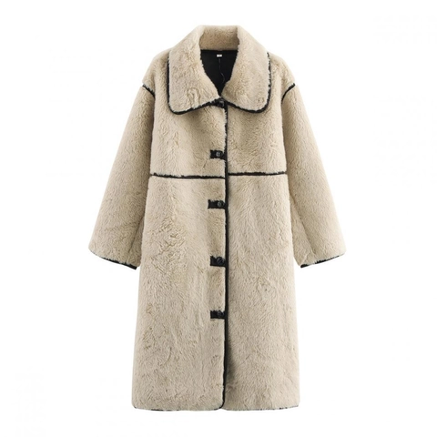 Lange Faux Fur Jas Voor Dames Warme Lamswol Look Jas Zwarte Contrastbiezen Revers Enkele Rij Knopen Elegant Casual