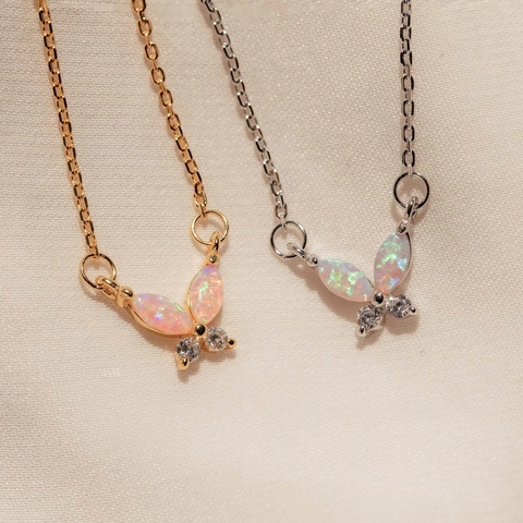 Schmetterling Anhänger Halskette Edelstahl Mit Rosa Blauem Opal Und Strass 18K Gold Plattiert Eleganter Schmuck Damen