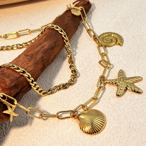 Sternfisch Muschel Anhänger Halskette Edelstahl Vergoldet Mehrlagig Büroklammer Und Panzerkette Vintage Strand Schmuck Damen
