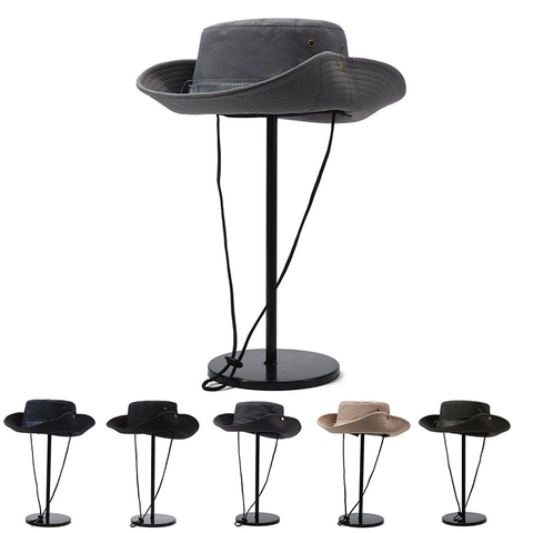 Outdoor Sun Hat Wide Brim Polyester Breathable Adjustable Drawstring Hiking Fishing Camping Boonie Hat For Men Women