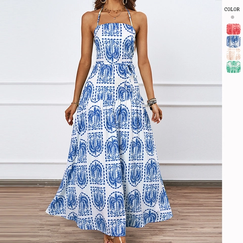 Damen Neckholder Maxikleid Palmen Tropischer Druck Ärmellos Rückenfrei Hohe Taille Gestuft Strand Urlaub Boho Sommer