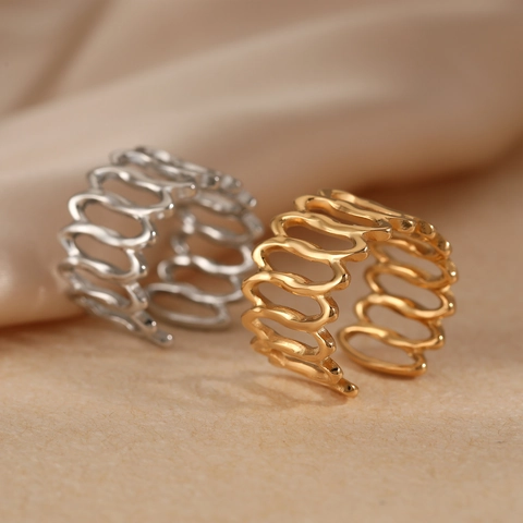 Geometric Hollow Wavy Striped Ring Minimalist 316 Stainless Steel Adjustable Opening Fashion Jewelry For Women