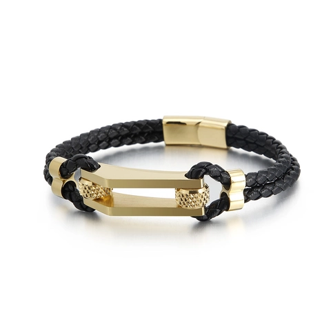 Bracciale In Pelle Intrecciata A Strati Acciaio Inossidabile Chiusura Magnetica Geometrica Gioielli Punk Uomo