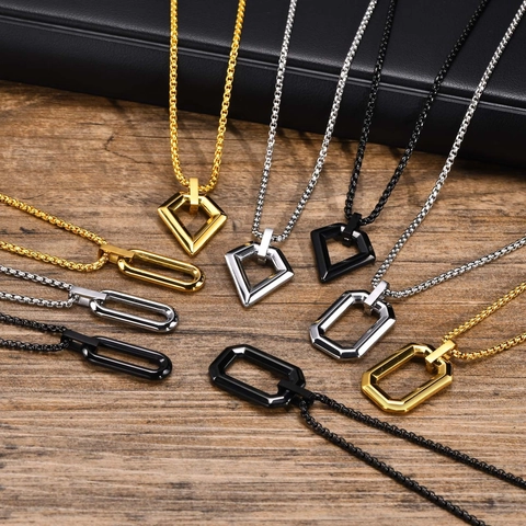 Geometrische Anhänger Halskette Edelstahl Hohl Rechteck Raute Minimalist Hip Hop Schmuck Für Männer Frauen