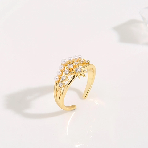 Bague Ajustable Künstliche Perle Cuivre Plaqué Or Zircon Mauvais Œil Couronne Bijoux Élégants Minimalistes Cadeau Pour Femme Anneau Ouvert