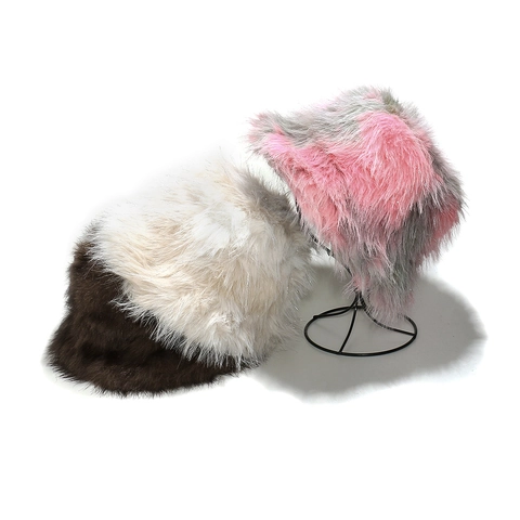 Women Faux Fur Bucket Hat Warm Shaggy Plush Winter Basin Hat With Silver Satin Glitter Mixed Color Windproof Outdoor