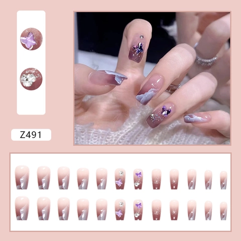 Press On Nagels Paars Gradiënt Lange Trapezium Balletvorm Vlinder Rijnsteen Vlek Laser Glitter Elegant Vrouwen