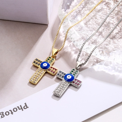 Halsketting Met Kruishanger Boze Oog Koper Met Gekleurde Zirkonia Boheemse Religieuze Sieraden Voor Dames