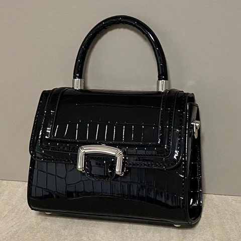 Women Crocodile Embossed PU Leather Shoulder Crossbody Bag Shiny Patent Small Square Handbag With Silver Hardware