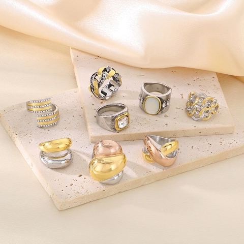 Stainless Steel Rings Zircon Synthetic Opal Inlaid Irregular Contrast Color Gold Silver Plated Fashion Jewelry Unisex