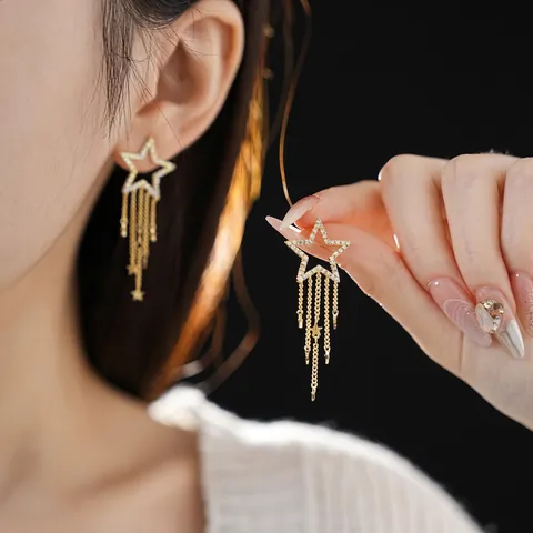 Star Tassel Stud Earrings With Silver Earring Post Copper Zircon Pentagram Sparkling Dangle Jewelry For Women Gold