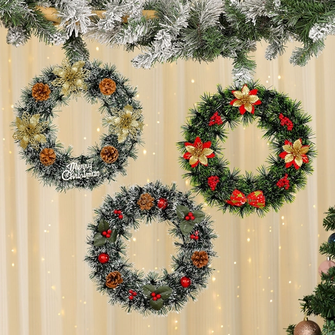 Artificial Christmas Wreaths For Front Door Hanging With Pine Cones Berries Bows Merry Christmas Sign Holiday Decor